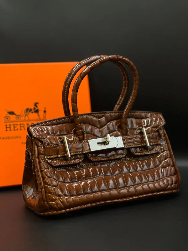 H-E-R-M-È-S Style Croc-Embossed Mini Top-Handle Women Bag – Luxury Inspired (Brown)