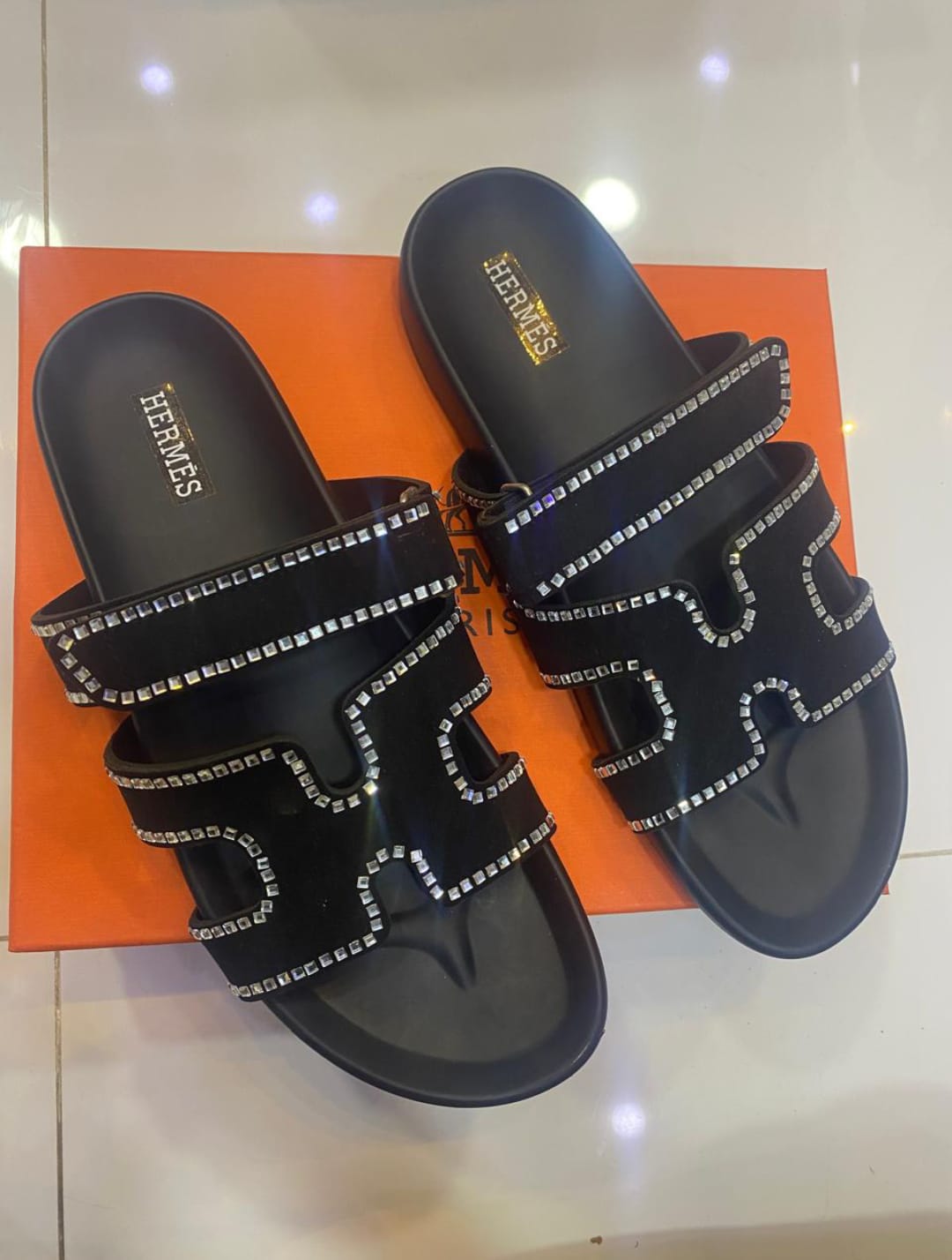 H-E-R-M-È-S Luxury Chypre-Inspired Stone Embellished Sandals – Premium Women Footwear (Black)