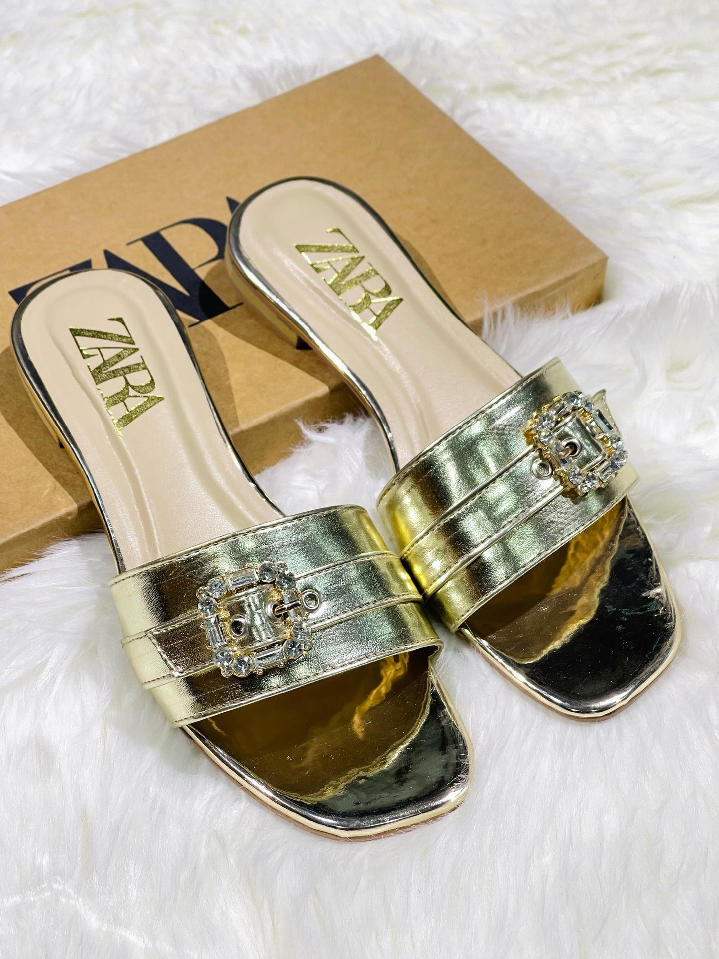 SALE β ZARA Flat Slippers β Trendy Women Footwear with Brand Box (Golden)