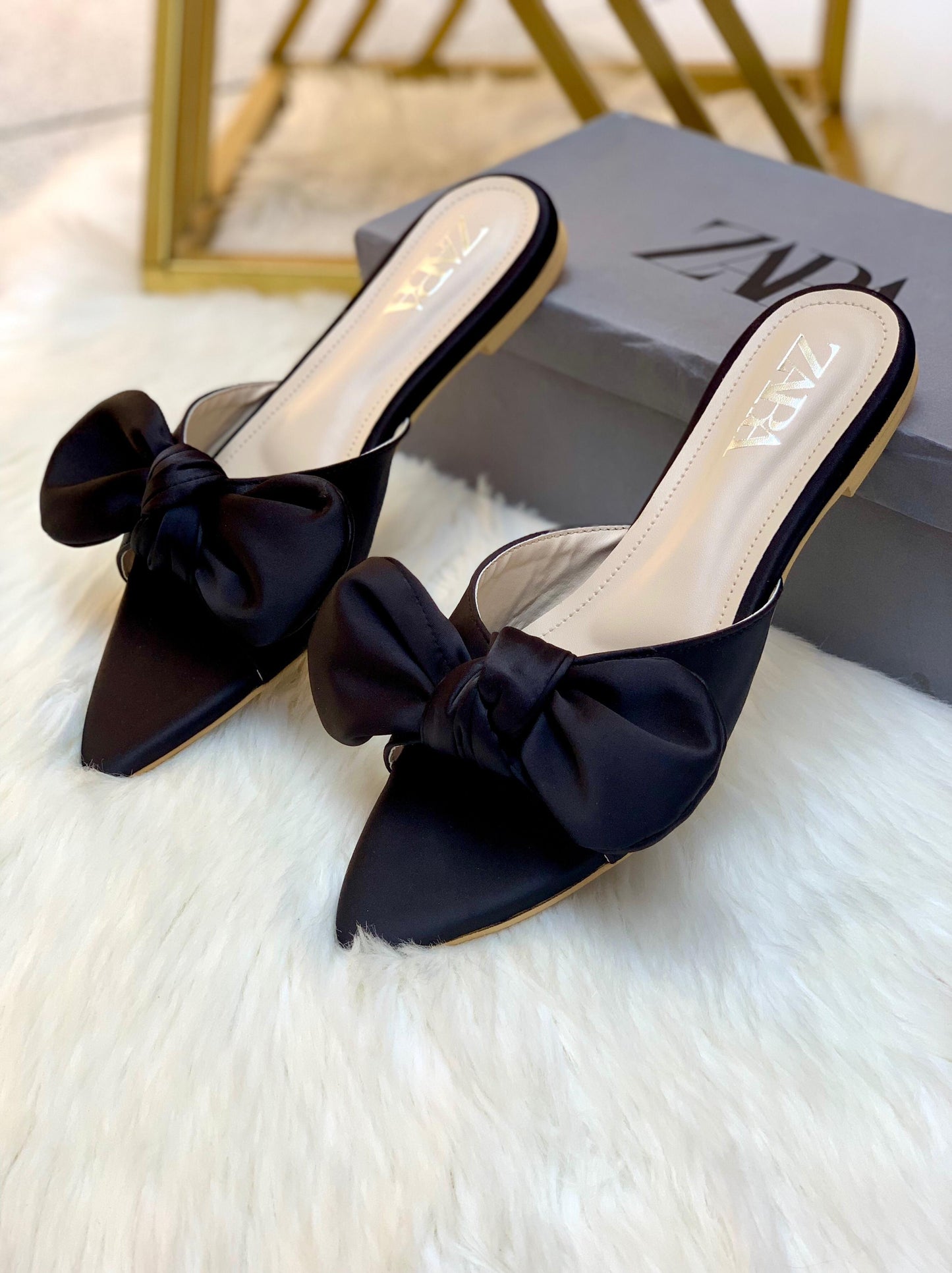 ZARA Big Bow Flat Slippers β Elegant Women Footwear with Brand Box(Black)