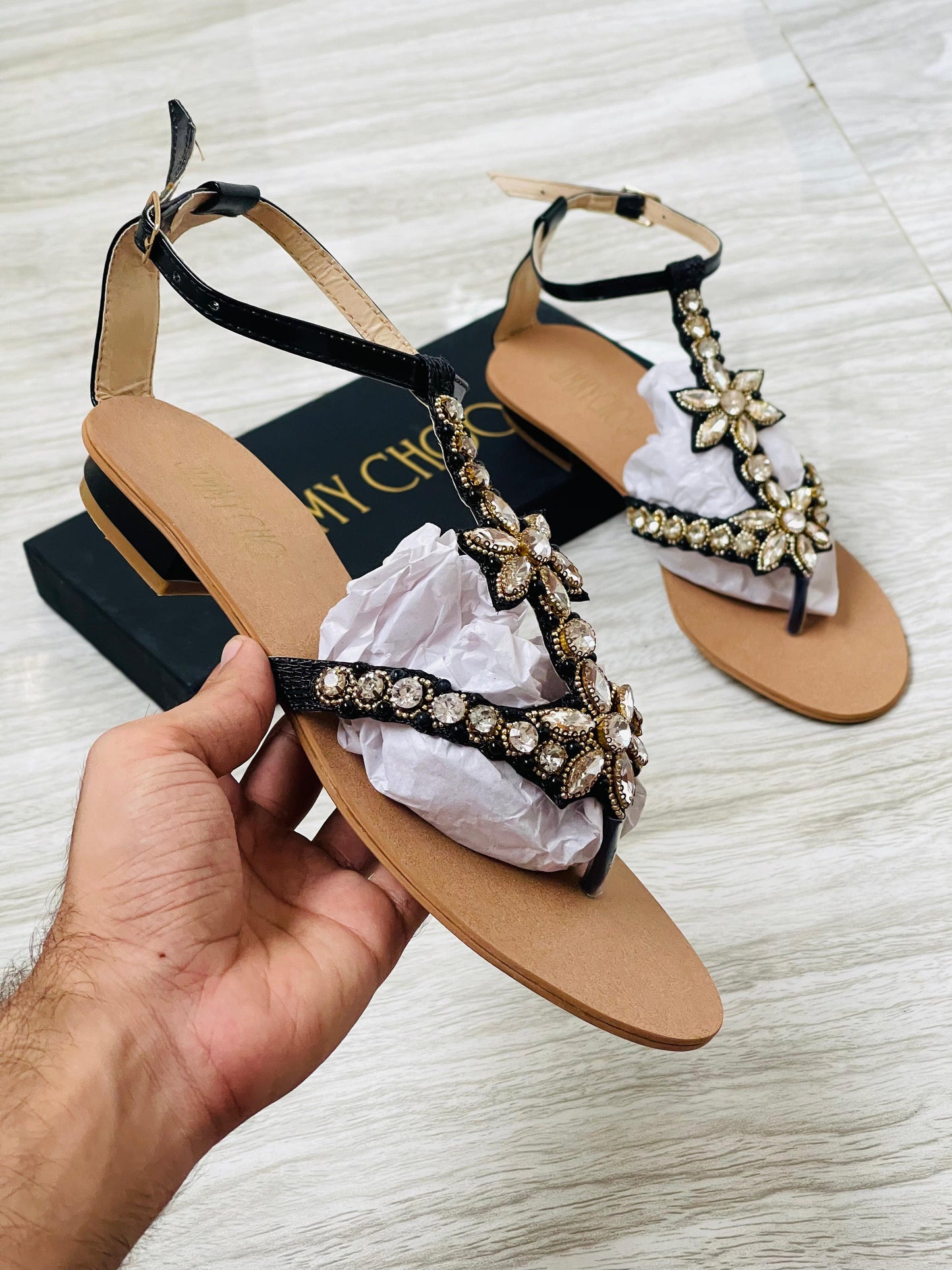 JIMMY CHOO-Inspired Embroidered Sandals β Luxury Women Footwear with Brand Box(Black)