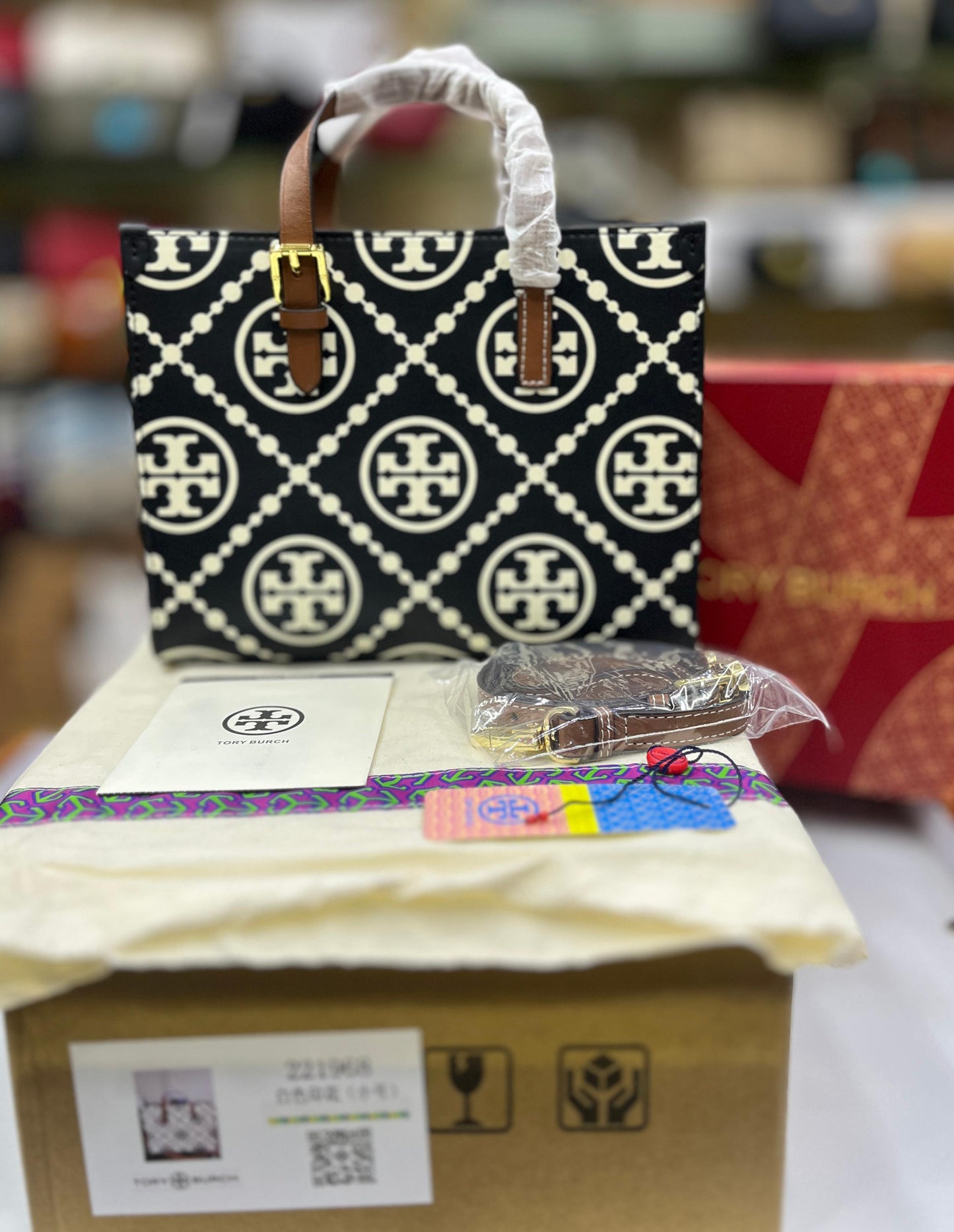 TORY BURCH Small T Monogram Tote – Women Bag (Leather) (Black)