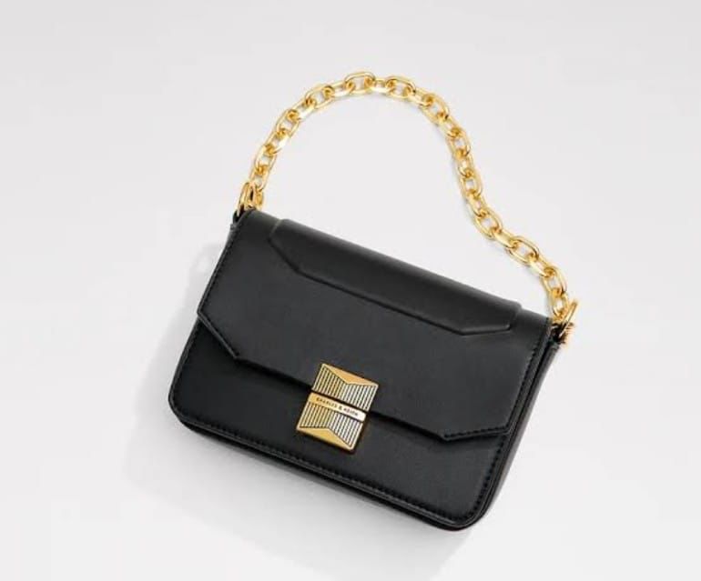 CHARLES & KEITH Women Bag – Belted Design with Push-Lock Closure (Black)
