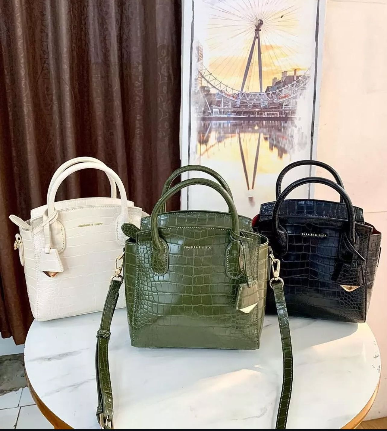Charles & Keith – Croc-Effect Structured Top Handle Bag (White)
