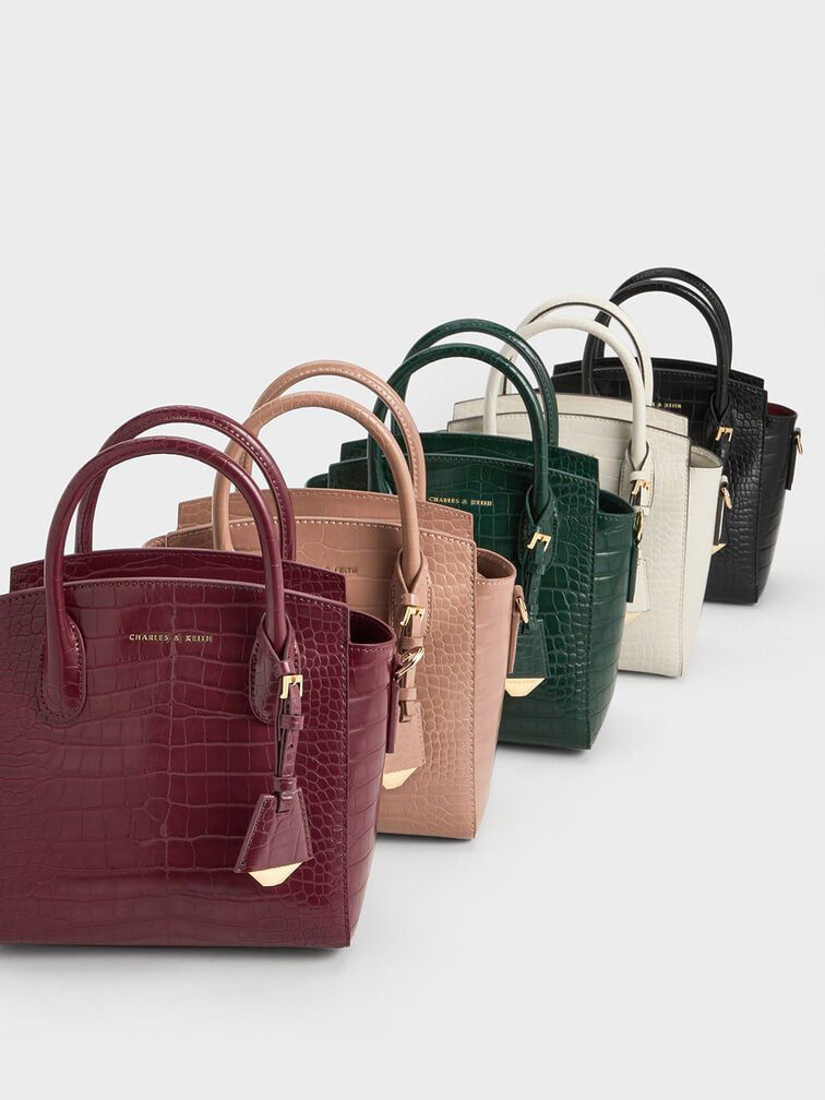 Charles & Keith – Croc-Effect Structured Top Handle Bag (Pink)