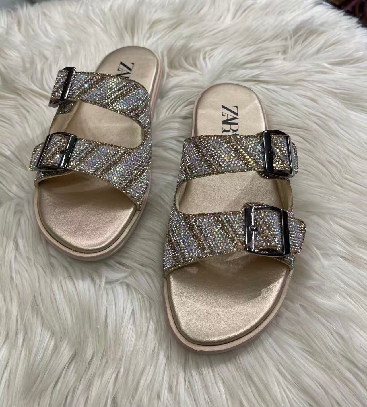 Z-A-R-A Inspired Stones Embellished Slingback – Kitten Flat | Premium Women Footwear (Gold)