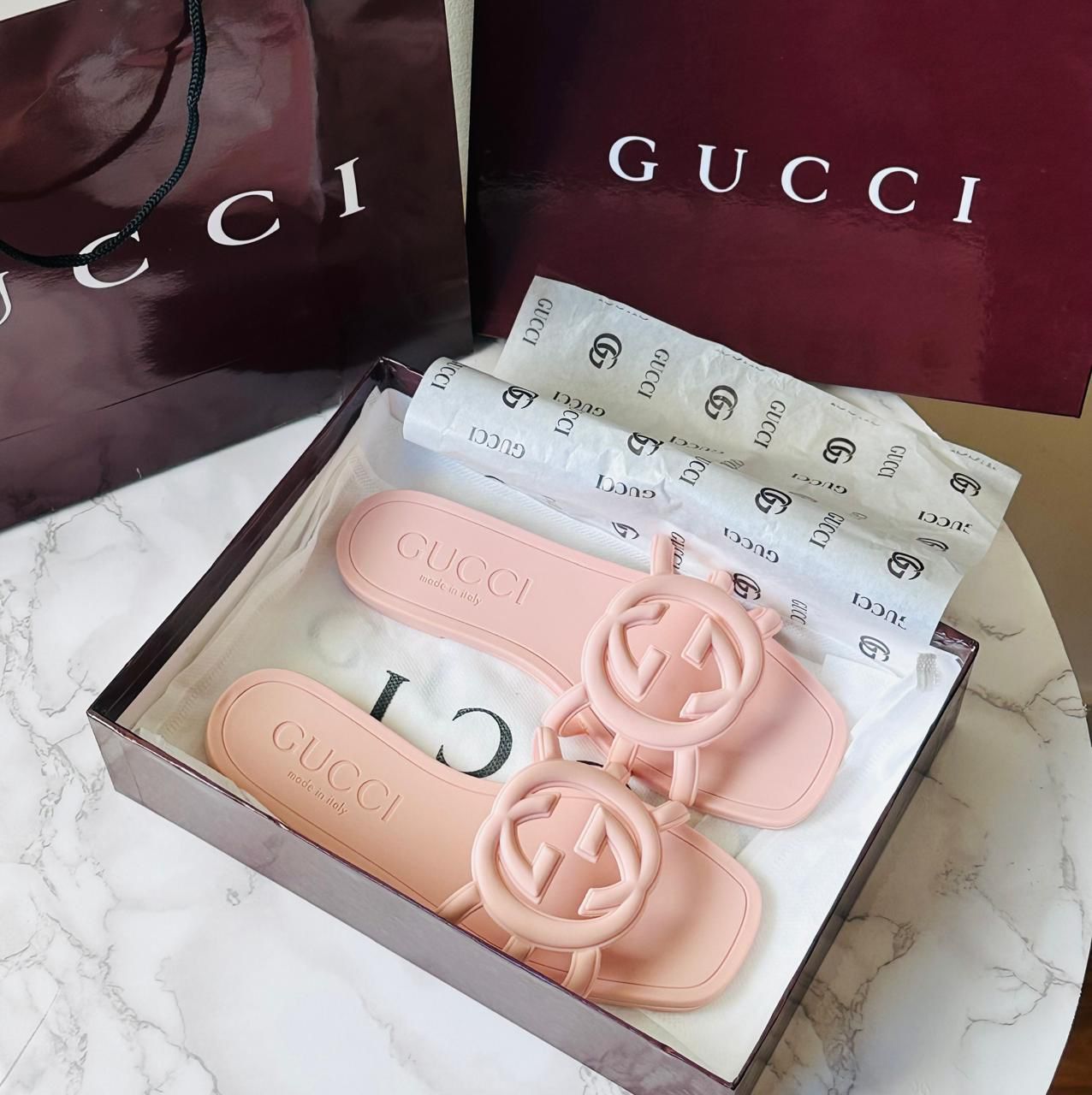 G-U-C-C-I Luxury Jelly Slippers – Premium Women Footwear | Summer Edition (Pink/Peach)
