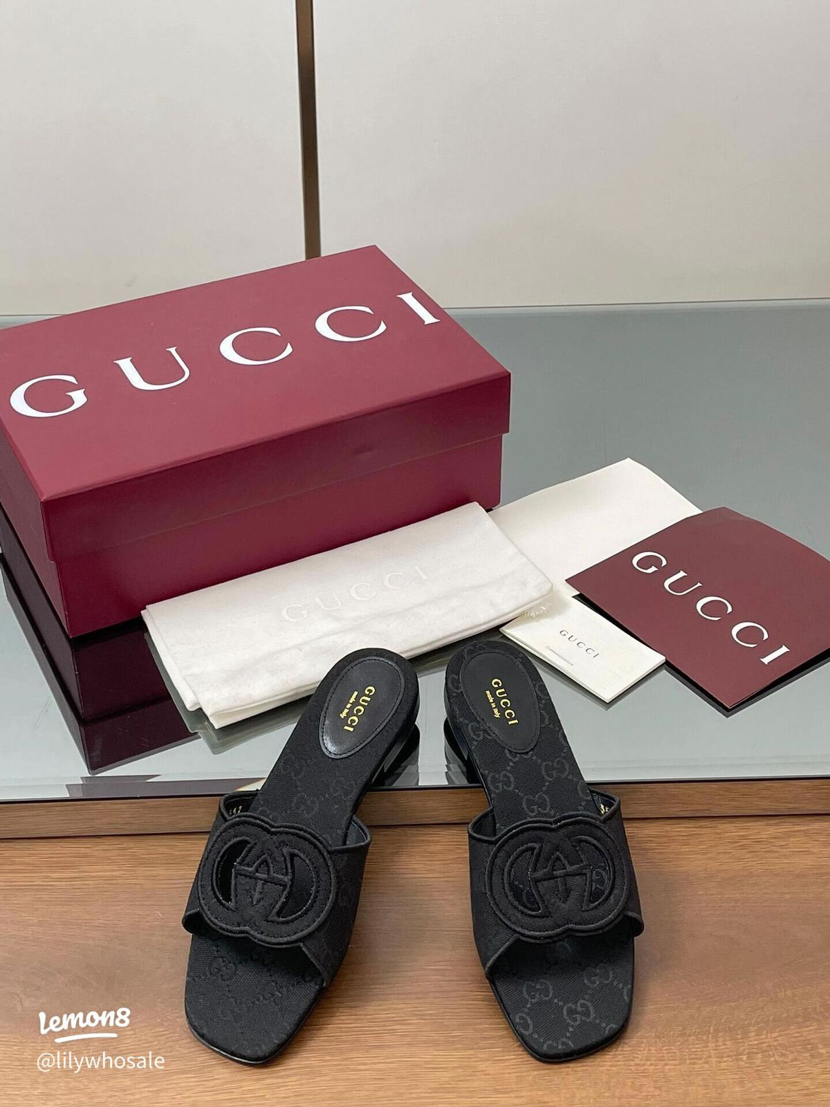 G-U-C-C-I Luxury Monogram Canvas Slides – Premium Women Footwear | Square Toe Edition (Black)