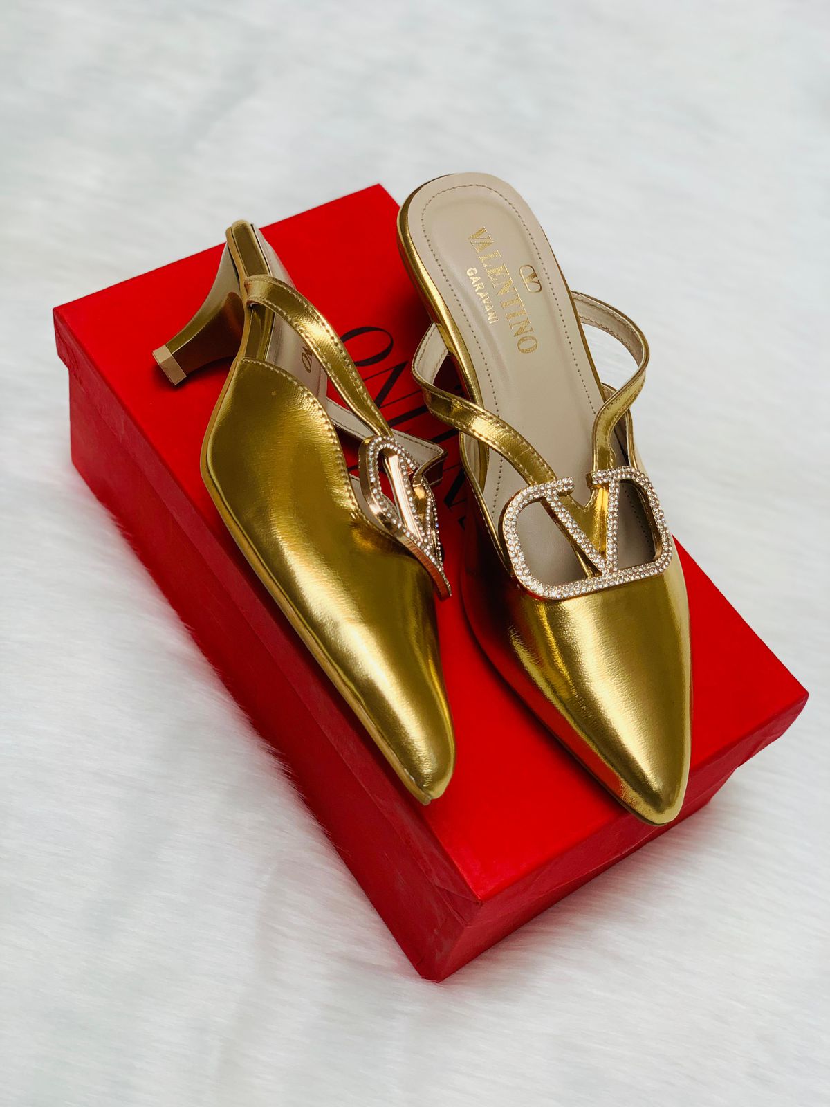 V-A-L-E-N-T-I-N-O Luxury Women Heels – Elegant Pointed Design | Premium Edition (Gold)