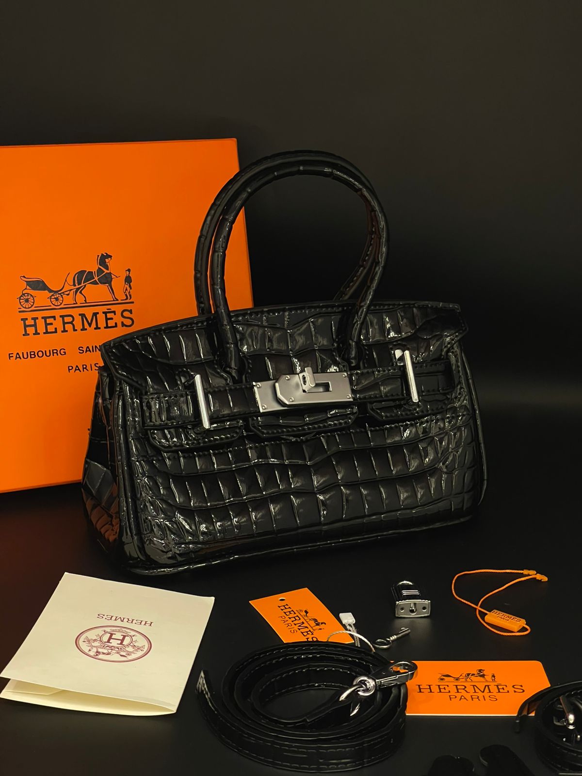 H-E-R-M-È-S Style Croc-Embossed Mini Top-Handle Women Bag – Luxury Inspired (Black)