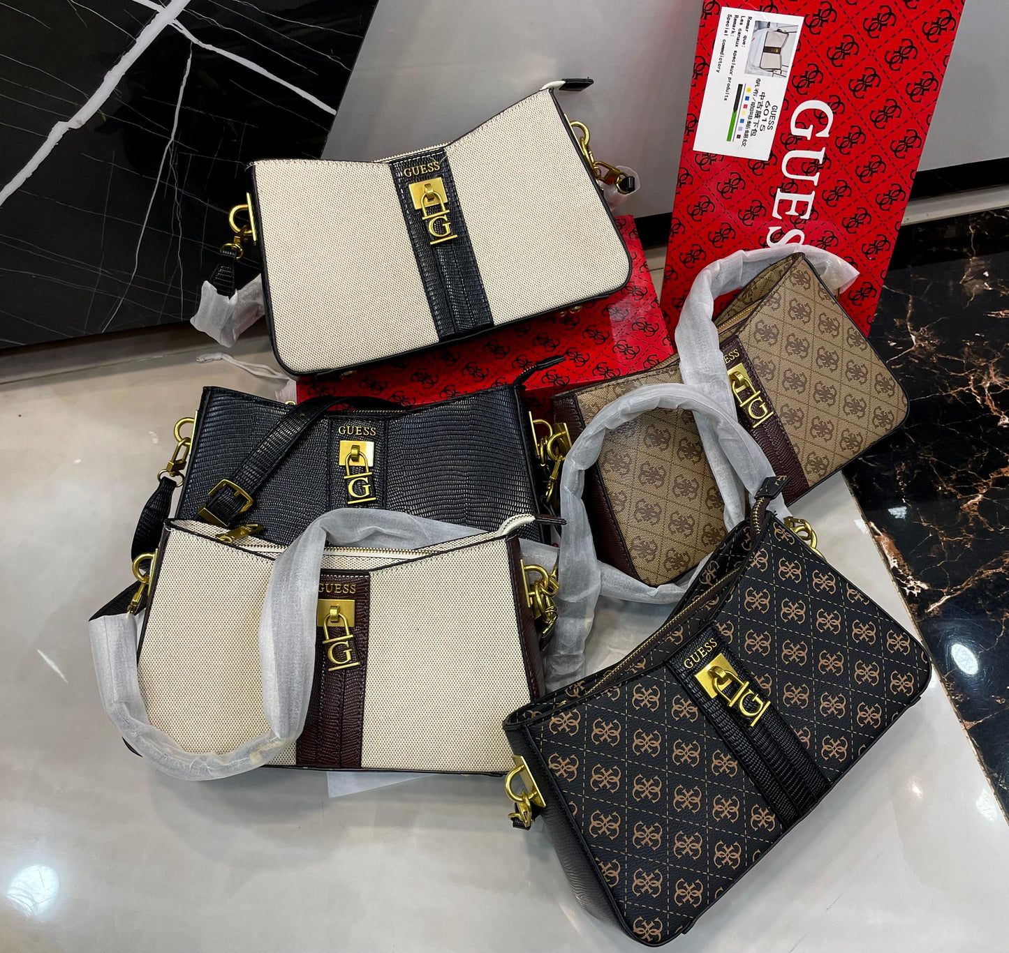 G-U-E-S-S Chic Shoulder Women Bags – Master Quality Collection (Black/Gold)