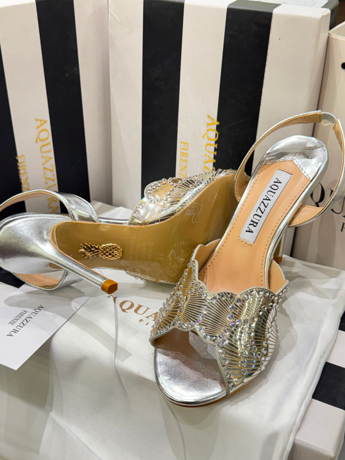 A-Q-U-A-Z-Z-U-R-A Zaura Sling Back Embellished Sandals – Premium Nappa Leather | Luxury Women Footwear (Silver Golden)