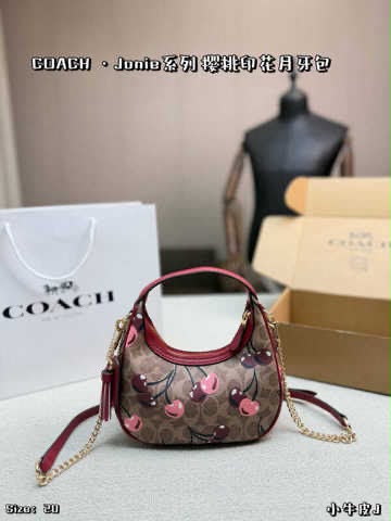 C-O-A-C-H Outlet Carmen Mini Crossbody Bag with Cherry Print – Leather | Long Belt | Brand Box (Brown with Red)
