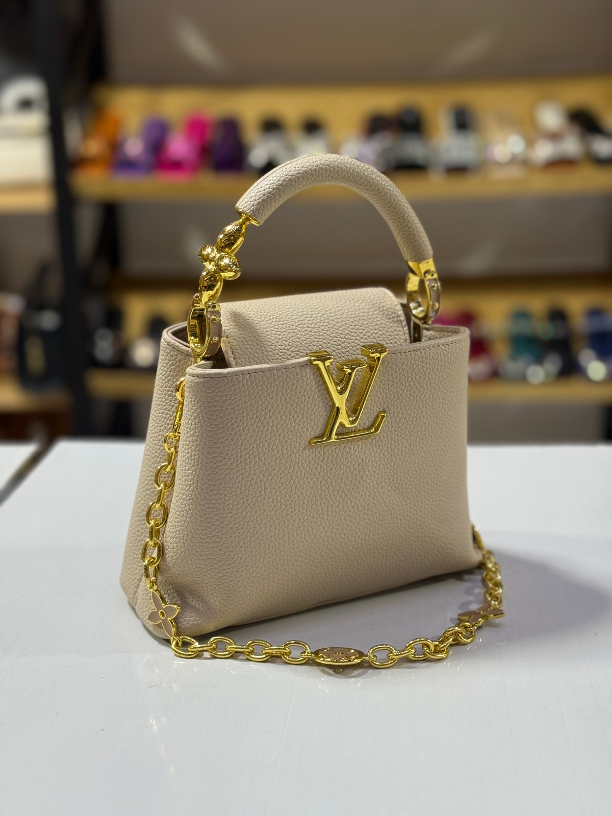 L-O-U-I-S V-U-I-T-T-O-N Capucines Mini – Premium Women Mini Bag with Chain Strap (Beige)