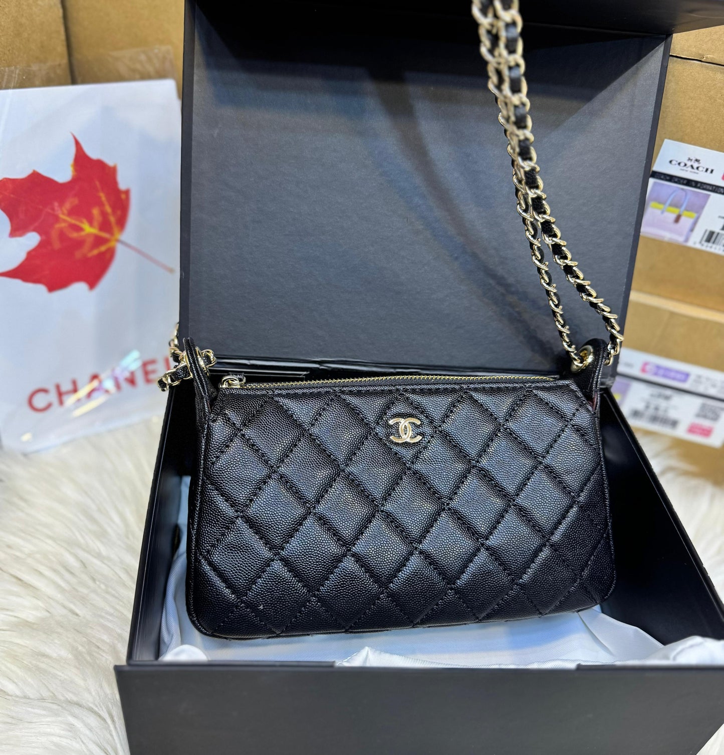 C-H-A-N-E-L 25A Double Chain Bag – Caviar Leather Women Shoulder Bag with GHW (Black)