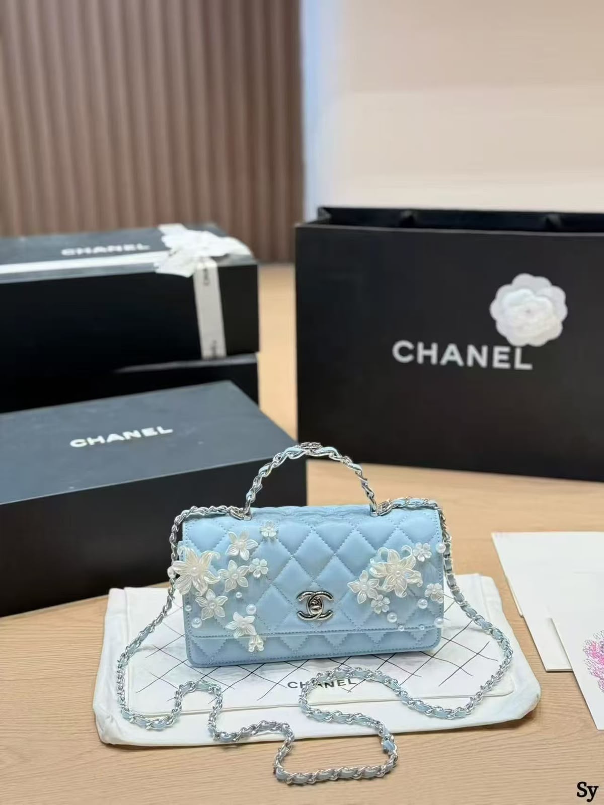 C-H-A-N-E-L Handbag – Premium Quality | Floral Appliqué & Pearl Detailing (Blue & White)