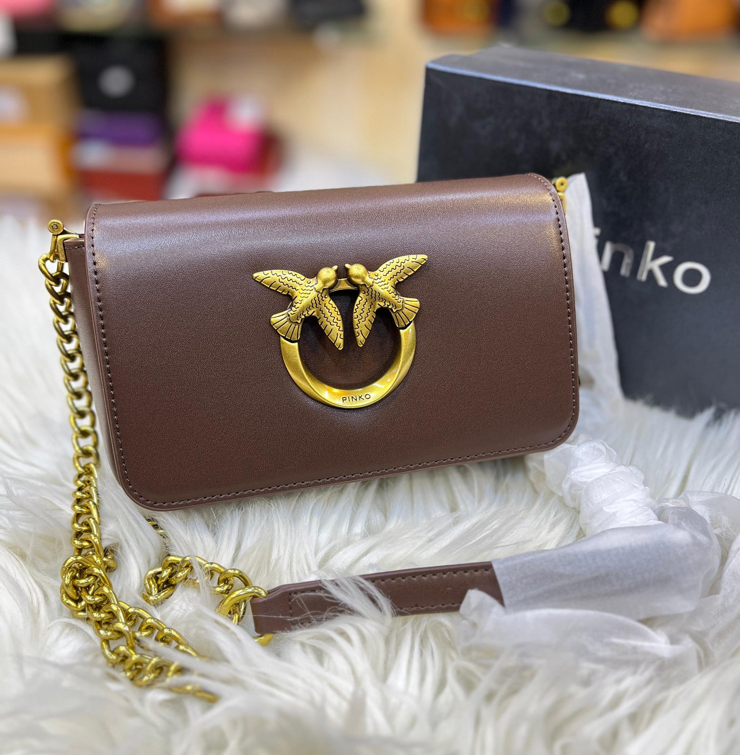 PINKO LOVE CLICK MICRO – Women Bag | Calfskin Silk Leather Shoulder Bag (Brown)