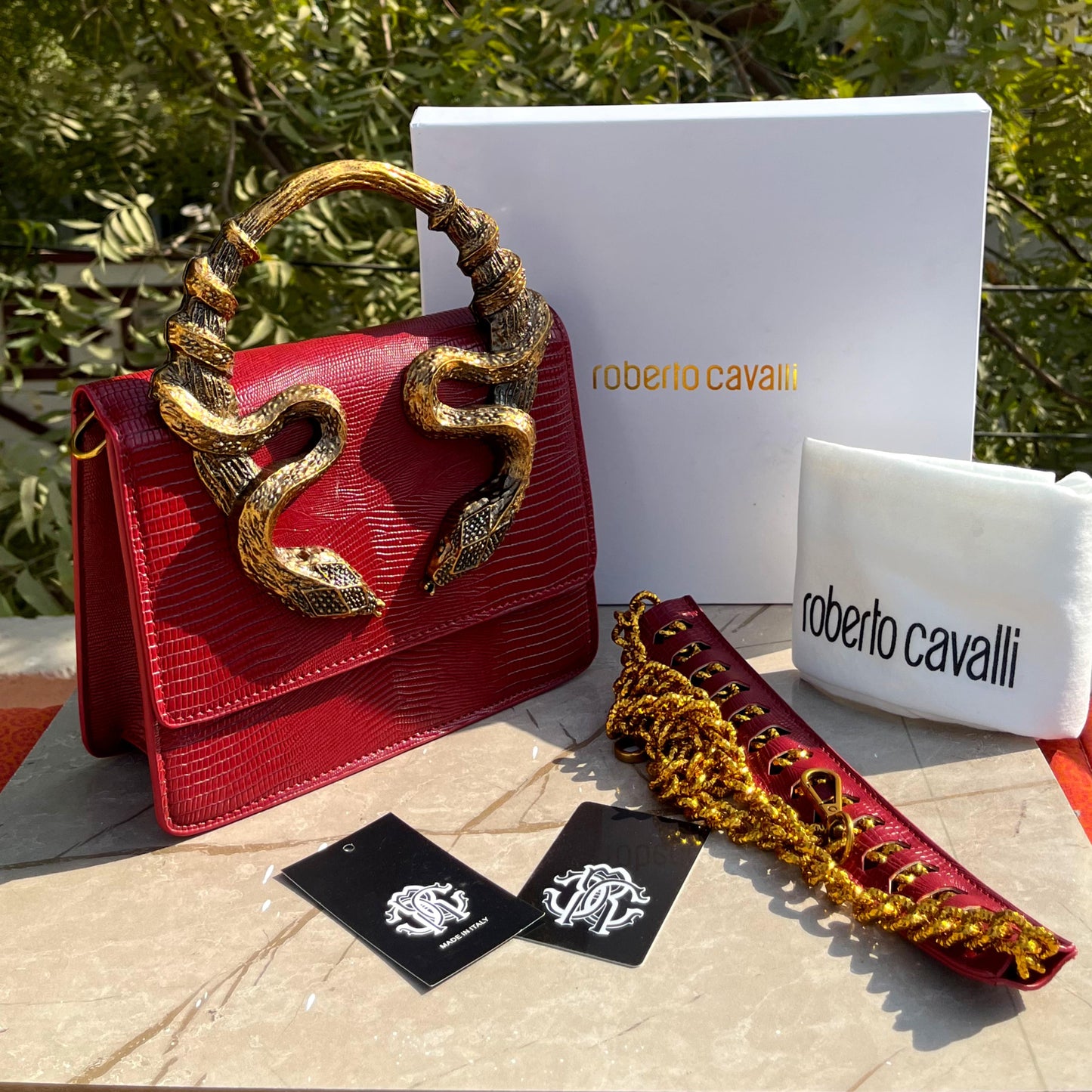 R-O-B-E-R-T-O C-A-V-A-L-L-I Borsa Bordeaux Con Serpenti – Luxury Statement Women Bag (Red)