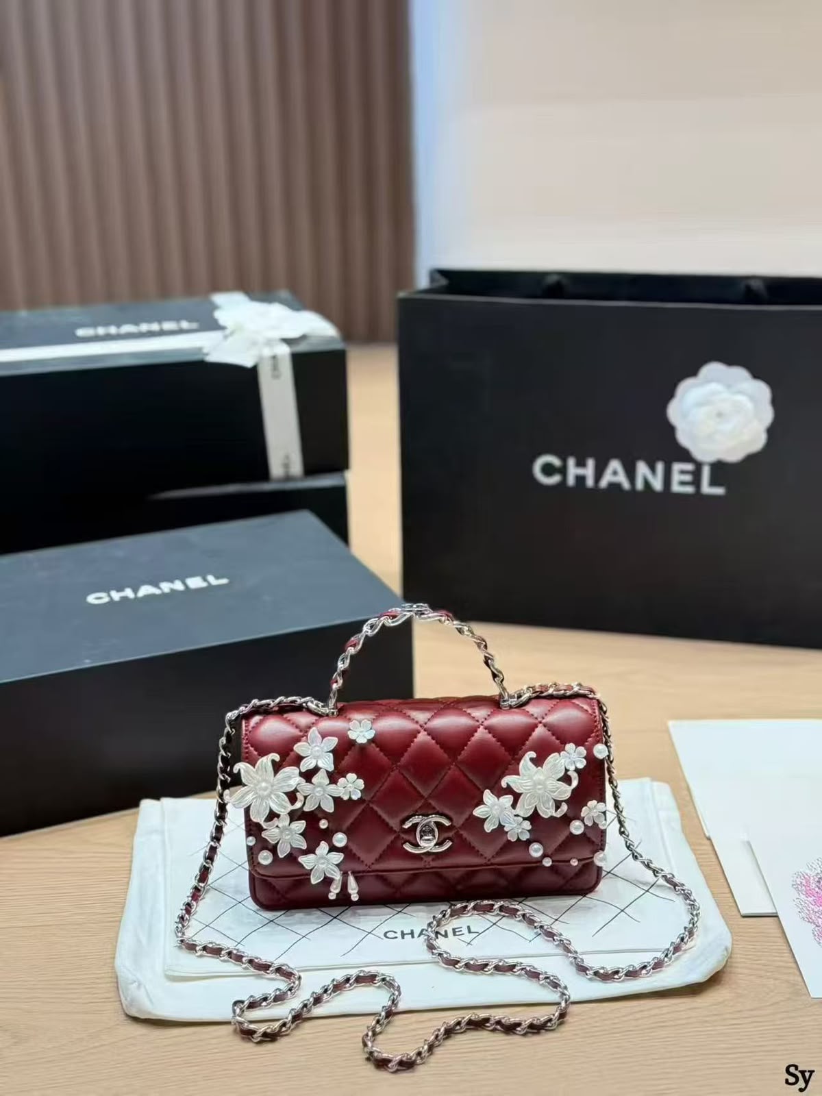 C-H-A-N-E-L Handbag – Premium Quality | Floral Appliqué & Pearl Detailing (Red & White)