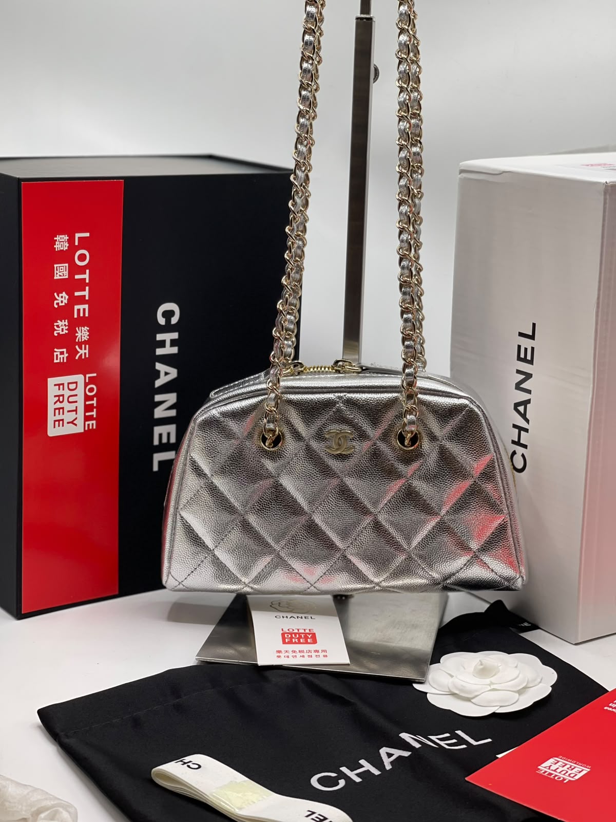C-H-A-N-E-L Small Bowling Bag – Premium Quality Women Bag | Brand Box & Dust Bag (Silver)