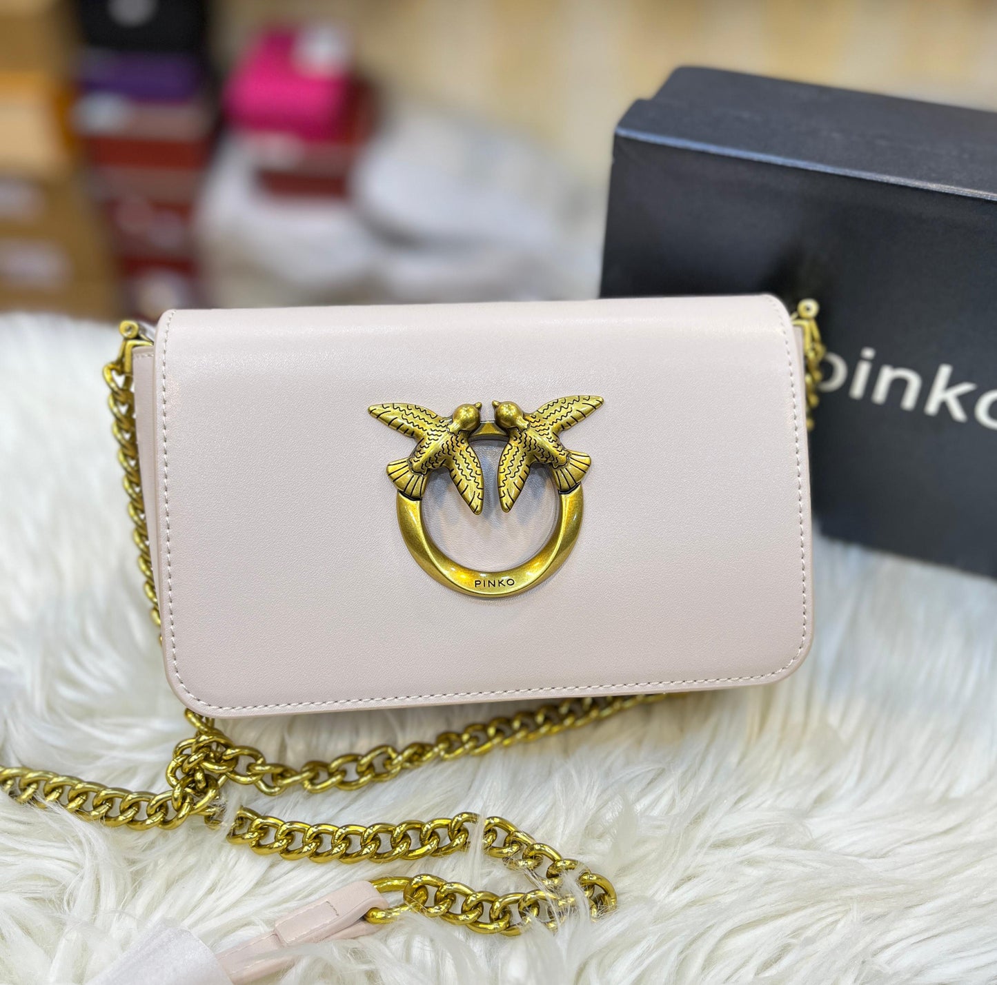 PINKO LOVE CLICK MICRO – Women Bag | Calfskin Silk Leather Shoulder Bag (White/Pink)