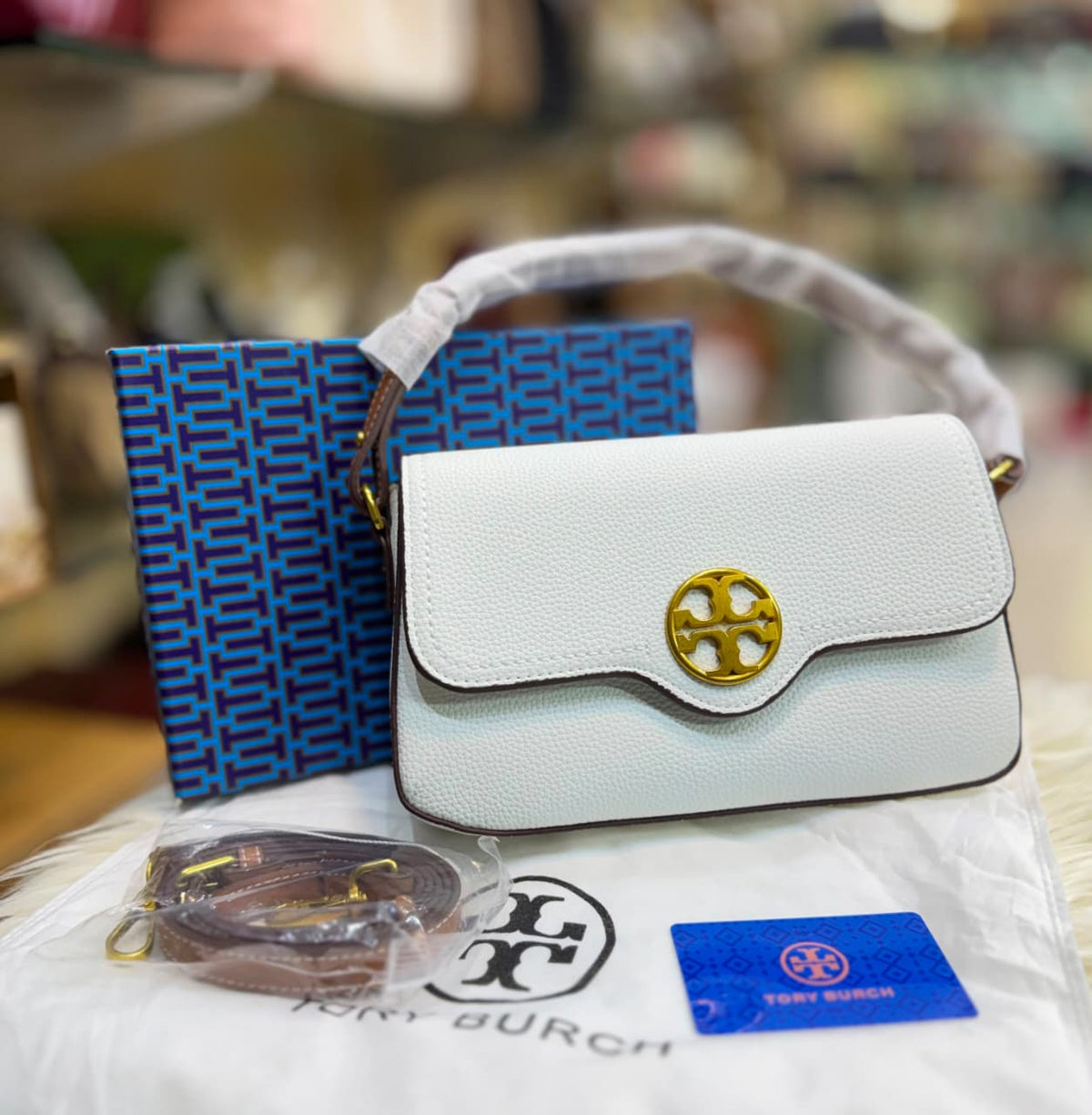 T-O-R-Y B-U-R-C-H Felix Flap Shoulder Bag – Premium Quality Women Bag | 2 Straps | Brand Box & Dust Bag (White)