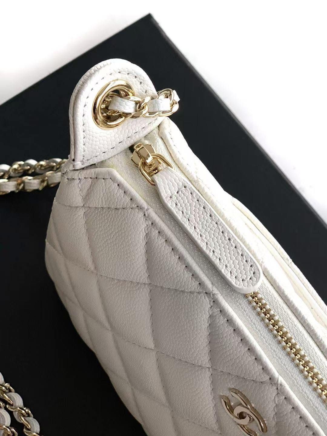 C-H-A-N-E-L 25A Double Chain Bag – Caviar Leather Women Shoulder Bag with GHW (White)