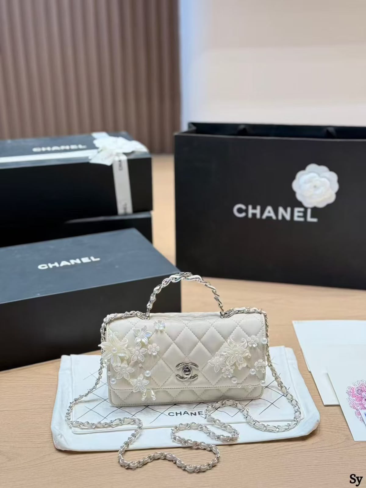 C-H-A-N-E-L Handbag – Premium Quality | Floral Appliqué & Pearl Detailing (White)