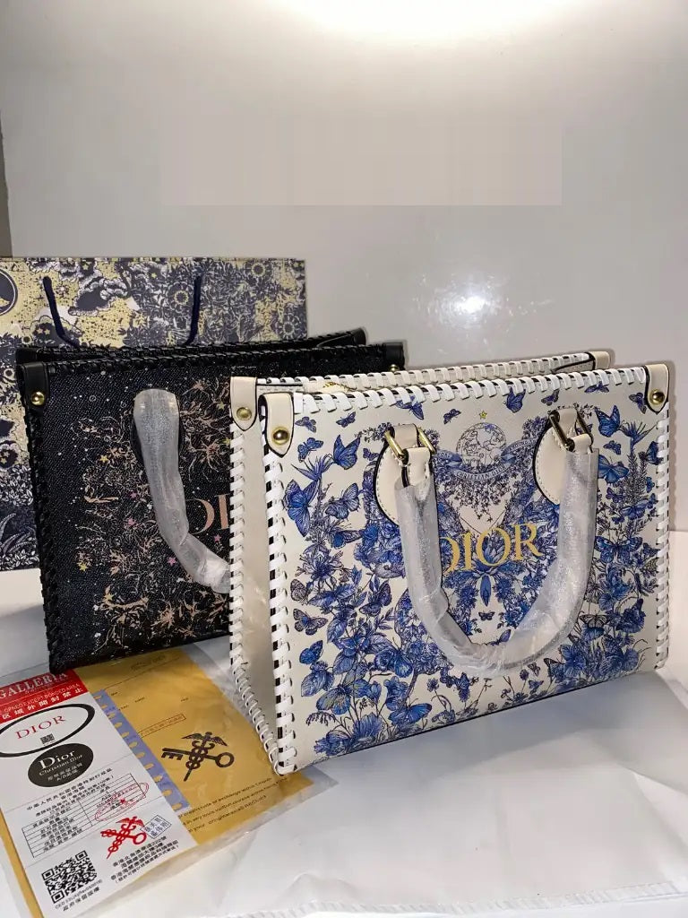 C-H-R-I-S-T-I-A-N D-I-O-R Structured Tote Bag – Premium Quality | Double Box Packaging | Off White with Blue Design
