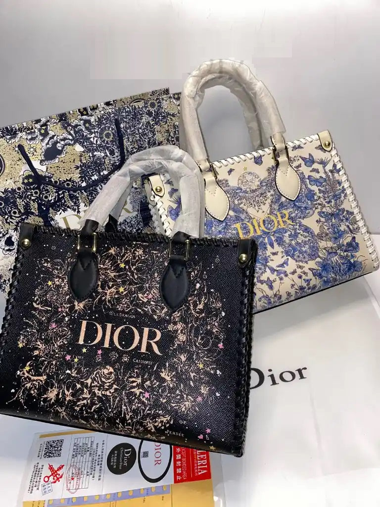 C-H-R-I-S-T-I-A-N D-I-O-R Structured Tote Bag – Premium Quality | Double Box Packaging | Off White with Blue Design