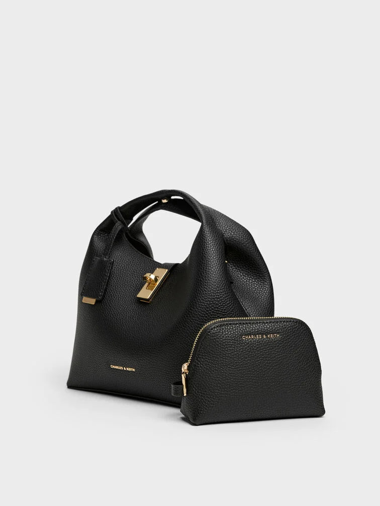 C-H-A-R-L-E-S & K-E-I-T-H Chance Turn-Lock Bucket Bag 2pc Set – Premium Women Bag (Black)