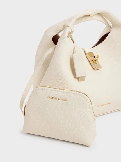 C-H-A-R-L-E-S & K-E-I-T-H Chance Turn-Lock Bucket Bag 2pc Set – Premium Women Bag (Cream)