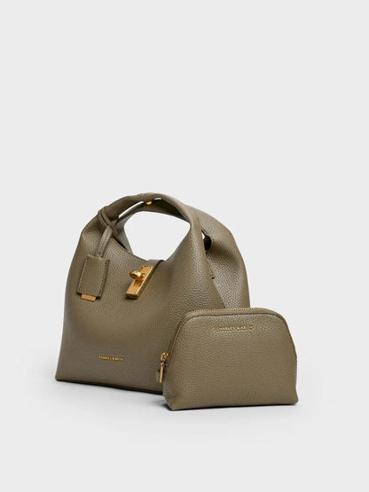 C-H-A-R-L-E-S & K-E-I-T-H Chance Turn-Lock Bucket Bag 2pc Set – Premium Women Bag (Olive Green))