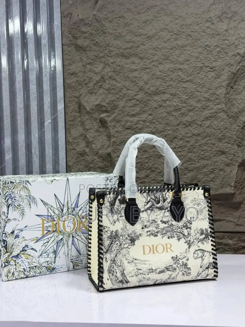 C-H-R-I-S-T-I-A-N D-I-O-R Structured Tote Bag – Premium Quality | Double Box Packaging | Off White with Black Design