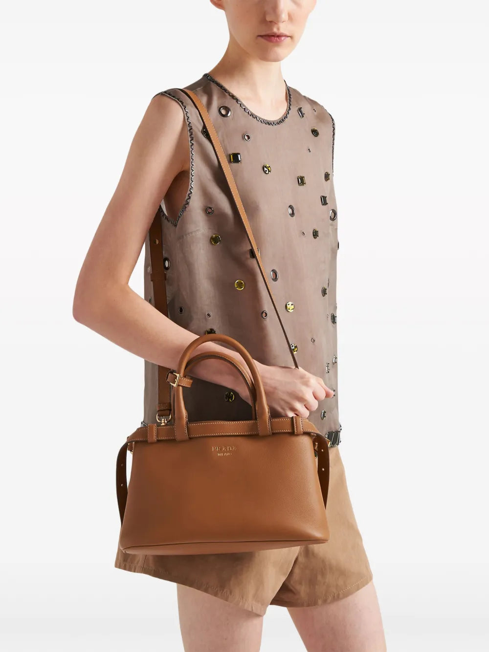 P-R-A-D-A Buckle Small Handbag with Double Belt – Elegant Luxe Women Bag (Brown)