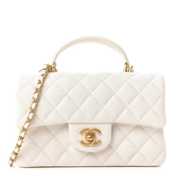 C-H-A-N-E-L Quilted Mini Top Handle Rectangular Flap Bag – Luxury Women Bag (White)