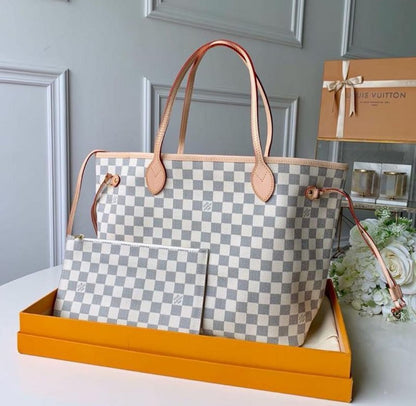 LOUIS VUITTON Neverfull GM - Women's Handbag (White/Grey Checkbox)