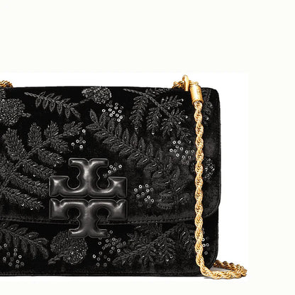 T-O-R-Y B-U-R-C-H Eleanor Embroidered Velvet Convertible Shoulder Bag – Luxe Women Bag (Black)