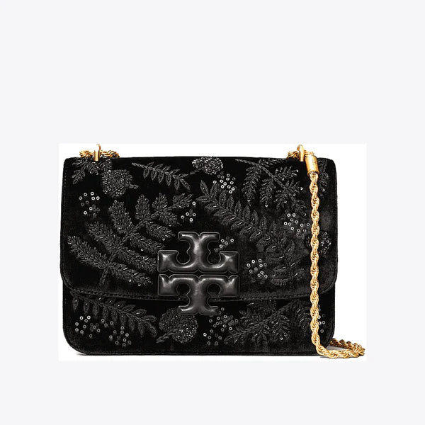 T-O-R-Y B-U-R-C-H Eleanor Embroidered Velvet Convertible Shoulder Bag – Luxe Women Bag (Black)