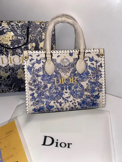 C-H-R-I-S-T-I-A-N D-I-O-R Structured Tote Bag – Premium Quality | Double Box Packaging | Off White with Blue Design