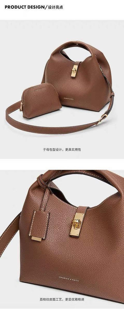 C-H-A-R-L-E-S & K-E-I-T-H Chance Turn-Lock Bucket Bag 2pc Set – Premium Women Bag (Brown)