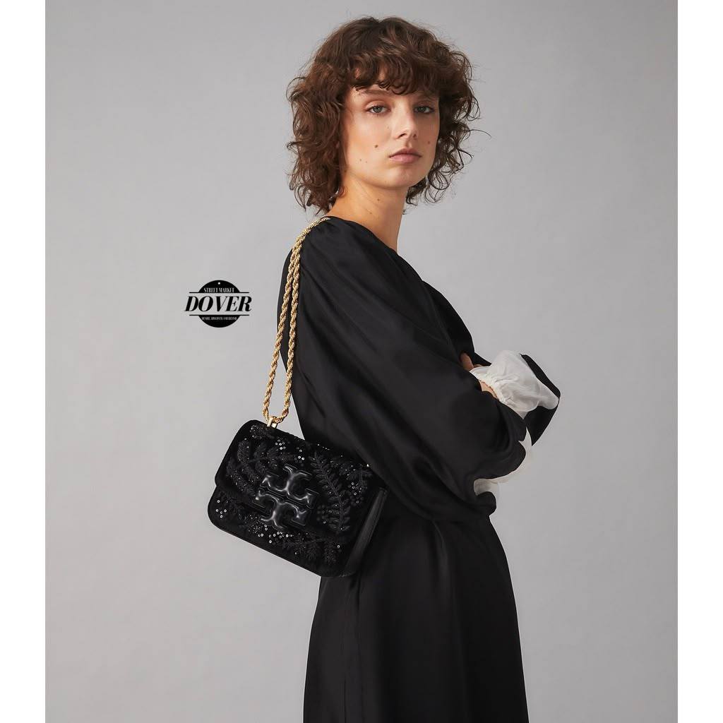 T-O-R-Y B-U-R-C-H Eleanor Embroidered Velvet Convertible Shoulder Bag – Luxe Women Bag (Black)