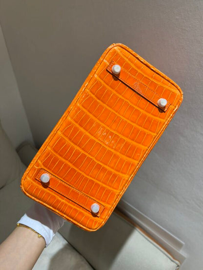 Hermes Birkin 25 Leather Gold Hardware Handbag Bag for Women (Orange Shine)