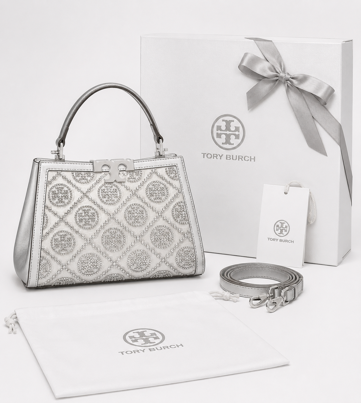 T-O-R-Y B-U-R-C-H Eleanor T Monogram Hotfix Mini Satchel – Signature Luxe Women Bag (Silver)