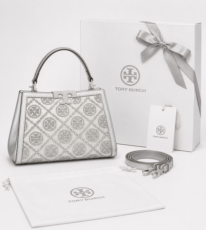T-O-R-Y B-U-R-C-H Eleanor T Monogram Hotfix Mini Satchel – Signature Luxe Women Bag (Silver)