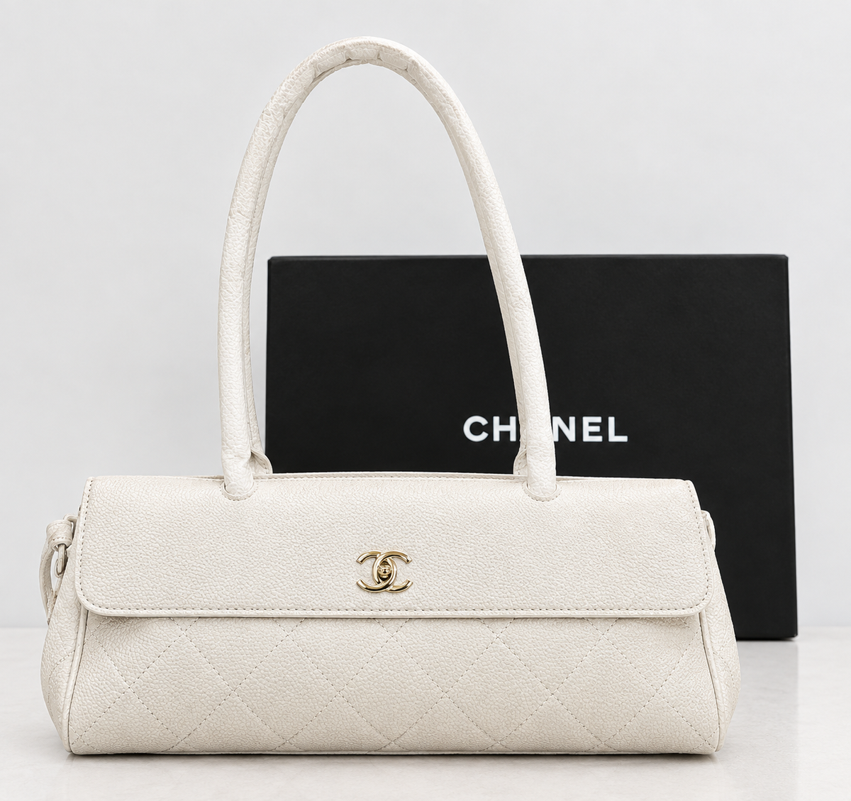 C-H-A-N-E-L Grained Calfskin Stitched Urban Essentials Shopping Bag | Gold Hardware | Luxury Women Bag (White)