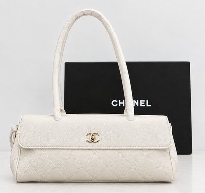 C-H-A-N-E-L Grained Calfskin Stitched Urban Essentials Shopping Bag | Gold Hardware | Luxury Women Bag (White)