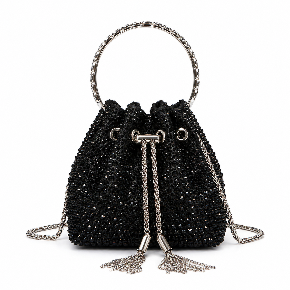 J-I-M-M-Y C-H-O-O Bon Bon Deep Merlot Satin & Crystal Hotfix Bucket Bag (Black)