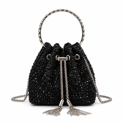 J-I-M-M-Y C-H-O-O Bon Bon Deep Merlot Satin & Crystal Hotfix Bucket Bag (Black)