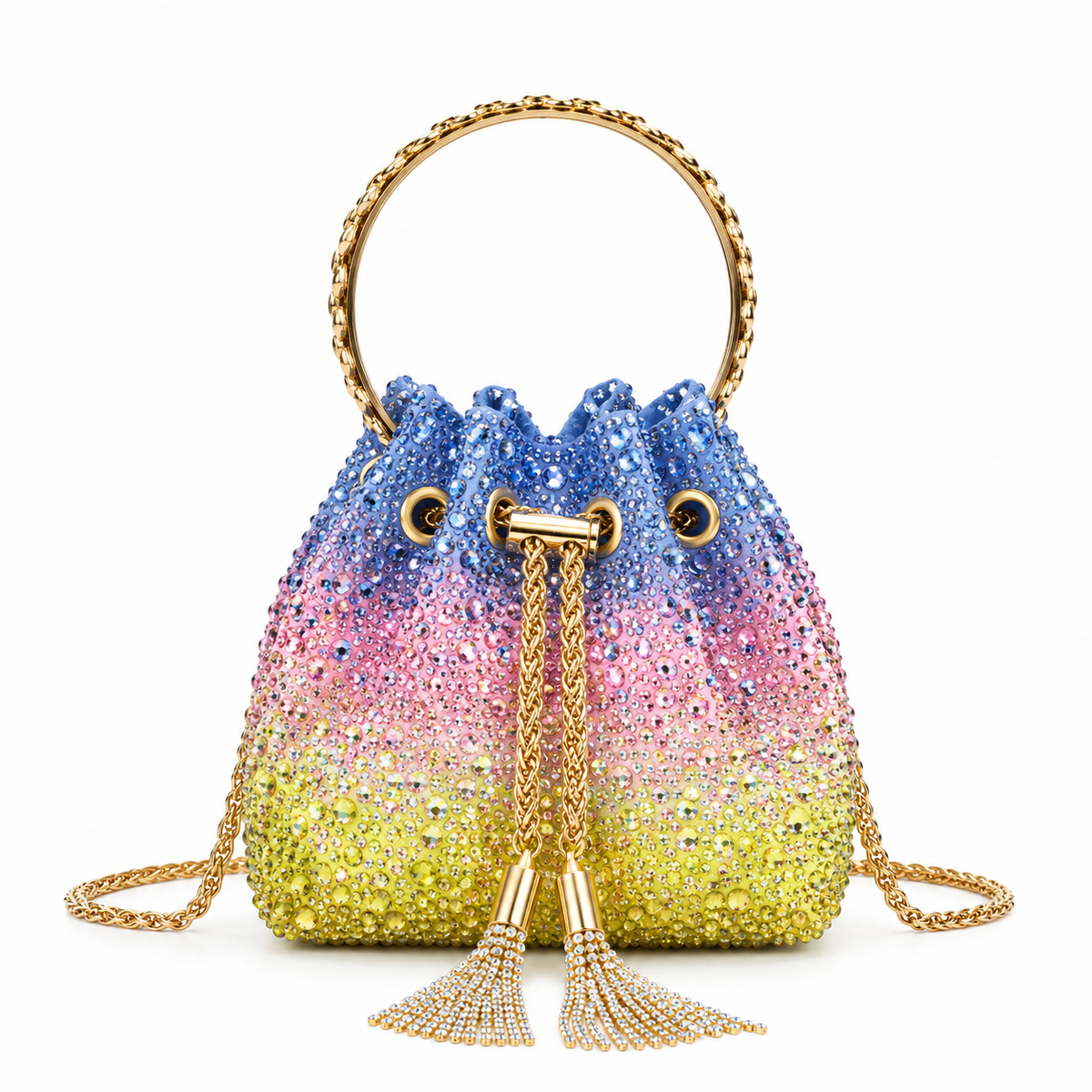 J-I-M-M-Y C-H-O-O Bon Bon Deep Merlot Satin & Crystal Hotfix Bucket Bag (Blue with Multi Colors)
